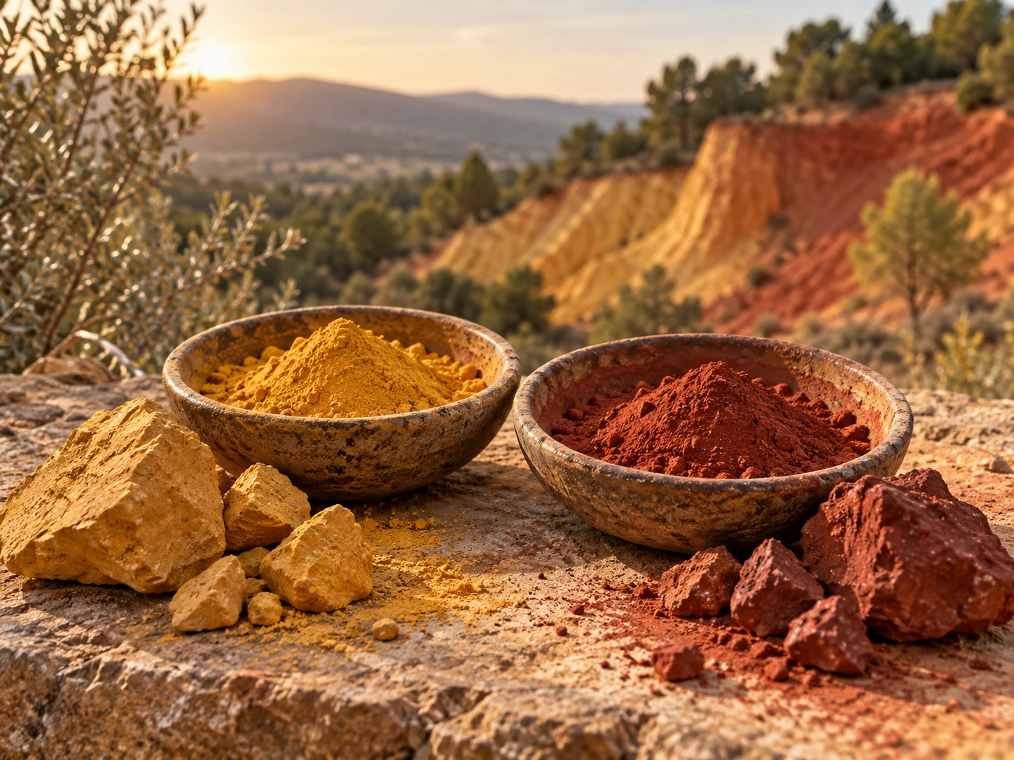 Bowls of golden yellow and warm red ochre beside matching earth stones and an ochre hillside
