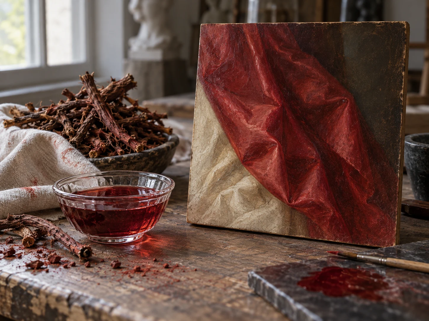 Madder roots and translucent red lake pigment beside a painted panel of glowing red fabric